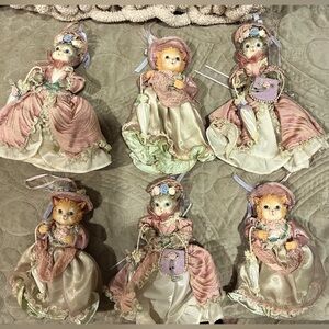 Elegant 1980’s Vintage Porcelain Kitty Ornaments in Victorian Dresses